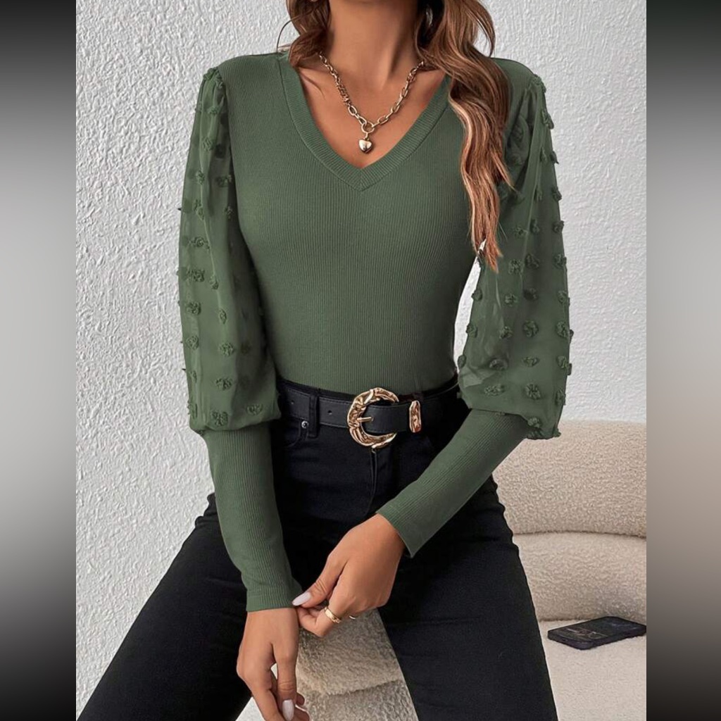 Boho Swiss Dot Lantern Sleeve V Neck Top